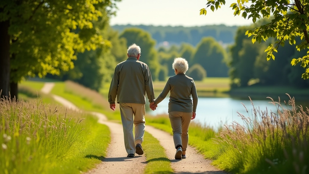 Procházka seniorů po hrázové cestě podél vody
