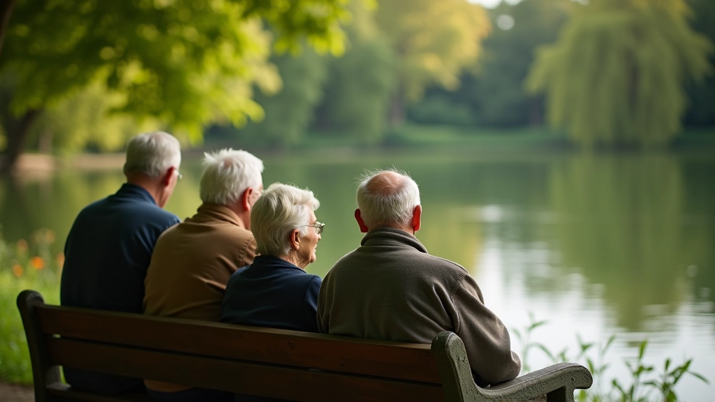 Skupinka seniorů sedí na lavičce u vody a kouká na hladinu